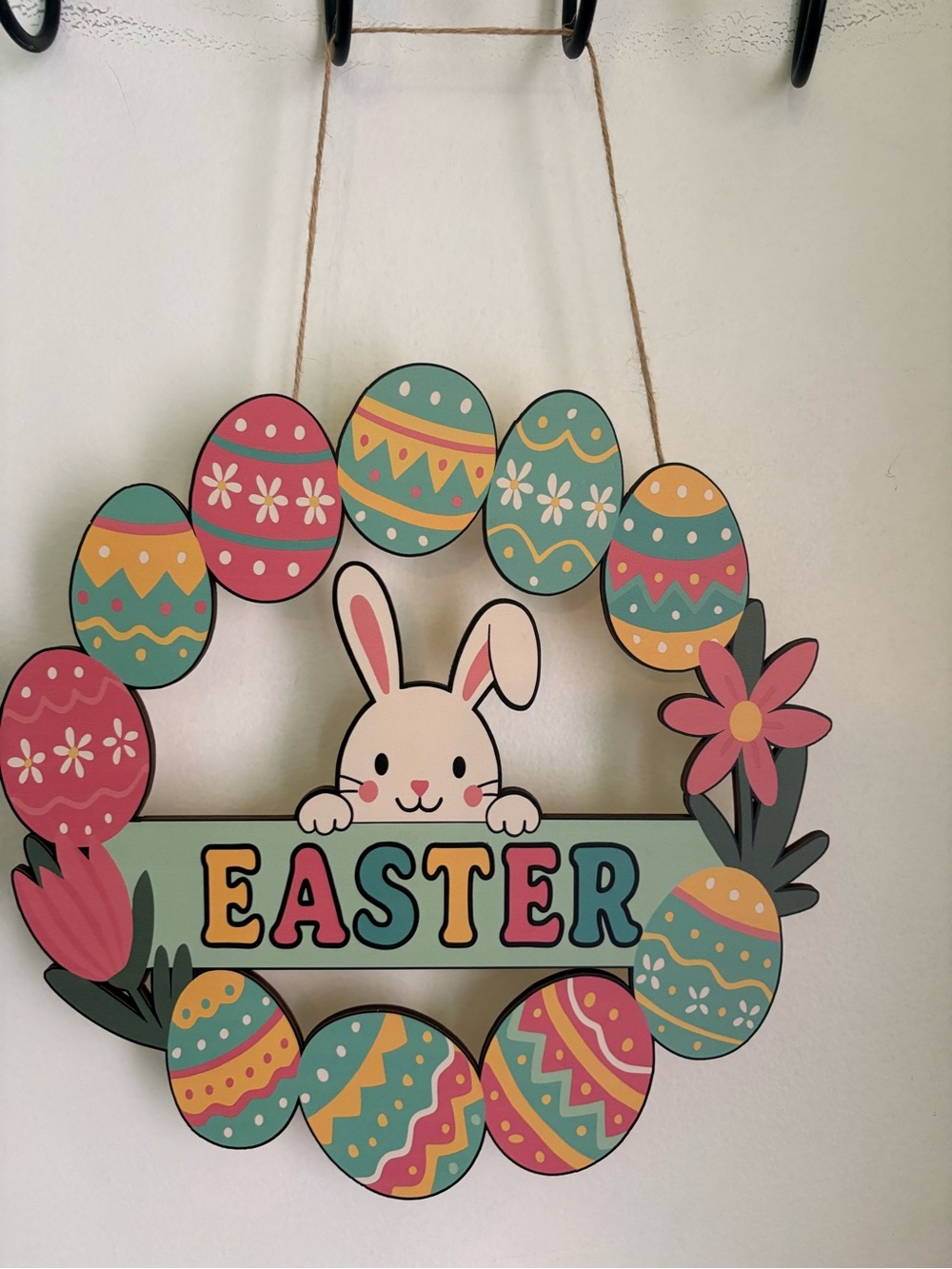 Amyhill NWT Easter Bunny Wreath Sign - Pastel Multi Color Decoration. 11”x 10.5”